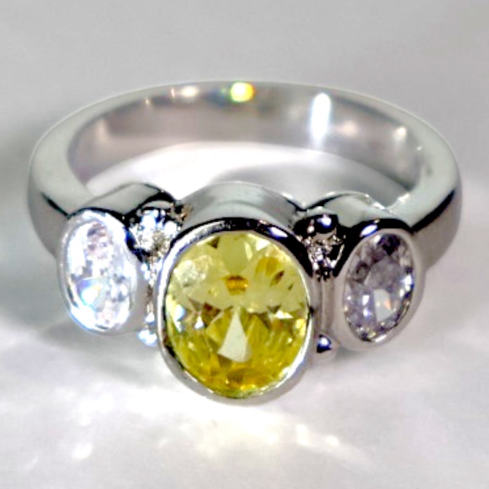 Swarovski Crystal Yellow Oval Three Stone Ring Sterling Silver Overlay Size 8